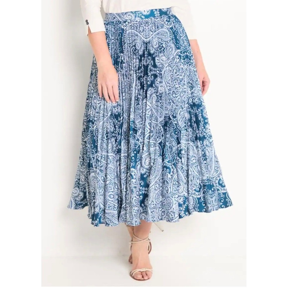 CHICOS Blue White Paisley Pleated Elastic Waist Flowy Midi‎ Maxi Skirt Sz 4/XXL